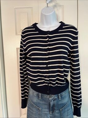 GAP Navy and White Striped Button-Up Cardigan